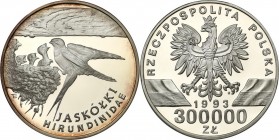 Polish collector coins after 1990
POLSKA/ POLAND/ POLEN / POLOGNE / POLSKO

III RP. 300.000 zlotych 1993 Jaskółki 

Menniczy egzemplarz. Patyna p...