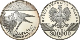Polish collector coins after 1990
POLSKA/ POLAND/ POLEN / POLOGNE / POLSKO

III RP. 300.000 zlotych 1993 Jaskółki 

Wyśmienicie zachowana moneta....