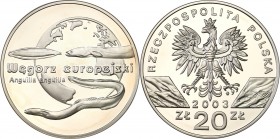 Polish collector coins after 1990
POLSKA/ POLAND/ POLEN / POLOGNE / POLSKO

III RP. 20 zlotych 2003 Węgorz Europejski 

Piękny, menniczy egzempla...