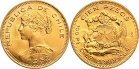 Chile
WORLD COINS

Chile. 100 pesos 1952 

Wyśmienicie zachowana moneta.Friedberg 54

Details: 20,34 g Au 
Condition: 1/1- (UNC/UNC-)