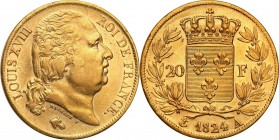 France
WORLD COINS

Francja, Ludwik XVIII (1814-1824). 20 francs 1824 A, Paris 

Bardzo ładnie zachowane. Lekkie przetarcie fryzury króla.Friedbe...