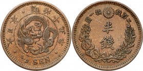 Japan
WORLD COINS

Japan. 1/2 sen, rok 15 (1882) 

KM Y 16.2

Details: 3,53 g Cu 
Condition: 1-/2+ (UNC-/EF+)