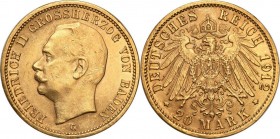 Germany
WORLD COINS

Germany, Badenia. 20 Mark 1912 G, Karlsruhe 

Bardzo ładnie zachowany.Jaeger 192

Details: 8,03 g Au 
Condition: 2 (EF)