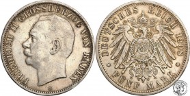 Germany
WORLD COINS

Germany, Badenia. 5 Mark 1908 G, Karlsruhe 

Patyna.AKS 164; Jaeger 40

Details: 27,79 g Ag 
Condition: 3+ (VF+)