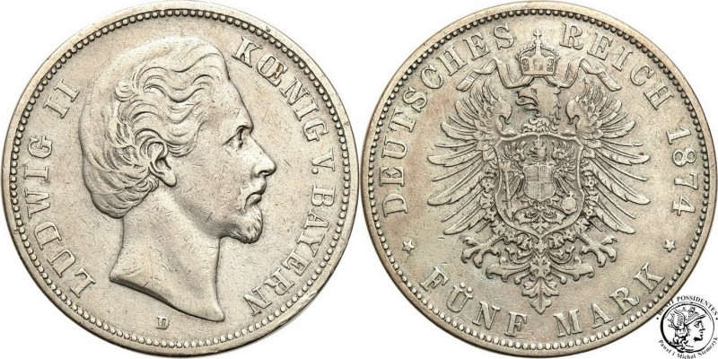 Germany
WORLD COINS

Germany, Bayern. 5 Mark 1874 D, Munich 

Resztki połys...