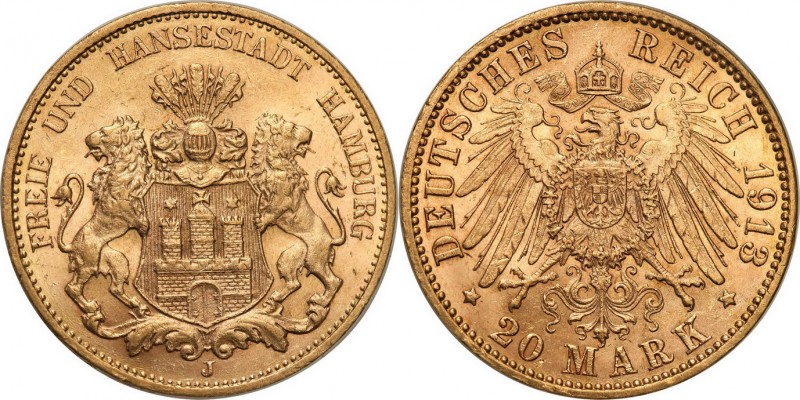 Germany
WORLD COINS

Germany. 20 Mark 1913 J, Hamburg 

Pięknie zachowana m...