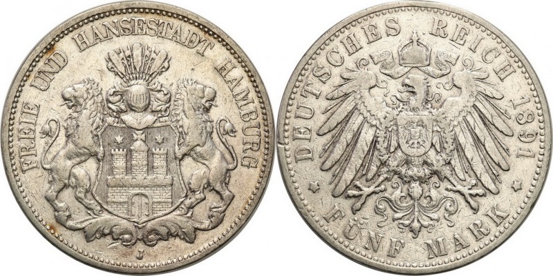 Germany
WORLD COINS

Germany, Hamburg. 5 Mark 1891 J, Hamburg - RARE 

Rzad...