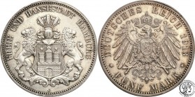 Germany
WORLD COINS

Germany, Hamburg. 5 Mark 1913 J 

Bardzo ładny egzemplarz. Patyna.AKS 45; Jaeger 65

Details: 27,84 g Ag 
Condition: 2- (...