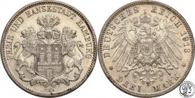 Germany
WORLD COINS

Germany, Hamburg. 3 Mark 1913 J 

Patyna. Dużo połysku menniczego.AKS 46; Jaeger 64

Details: 16,66 g Ag 
Condition: 2 (E...