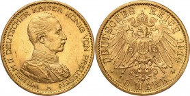 Germany
WORLD COINS

Germany, Prussia. Wilhelm II. 20 Mark 1914 A, Berlin, mundur 

Mikroryski w tle, lekkie zacięcie na rancie, ale moneta ładni...