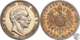 Germany
WORLD COINS

Germany, Prussia. 5 Mark 1903 A, Berlin 

Awers lekko przetarty, rewers bardzo ładnie zachowany.Kolorowa patyna.AKS 129;Jeag...