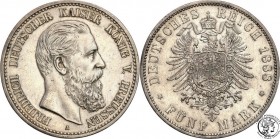 Germany
WORLD COINS

Germany, Prussia. 5 Mark 1888 A, Berlin 

Rzadsza pięciomarkówka.Dużo połysku menniczego. Patyna. Ładny egzemplarz. AKS 121;...
