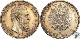 Germany
WORLD COINS

Germany, Prussia. 5 Mark 1888 A, Berlin 

Rzadsza pięciomarkówka, zwłaszcza w tym stanie zachowania.Połysk. Piękna złota pat...