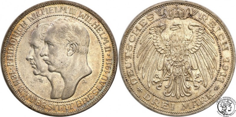 Germany
WORLD COINS

Germany, Prussia. 3 Mark 1911 A, Uni. Breslau 

Wybita...