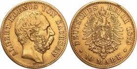 Germany
WORLD COINS

Germany. Sachsen Albert. 10 Mark 1879 E, Muldenhütten 

Lekkie wytarcia.Friedberg 3843; Jaeger 263; AKS 165

Details: 3,96...