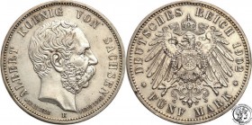 Germany
WORLD COINS

Germany, Sachsen. 5 Mark 1902 E, Muldenhütten 

Dużo połysku w tle, patyna. Rzadsza moneta.AKS 173; Jaeger 128

Details: 2...