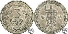 Germany
WORLD COINS

Germany, Weimar. 3 Mark 1925 D, Rheinlande 

Zielonkawa patyna, wyraźne detale.AKS 73; Jaeger 321

Details: 15,00 g Ag 
C...