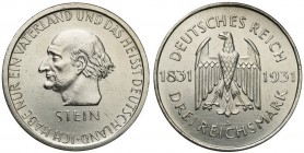 Germany
WORLD COINS

Germany. Weimar. 3 Mark 1931 A, Berlin 

 Wybity na 100. rocznicę śmierci Freiherra von Stein.Ładne detale, czyszczone tło m...