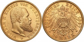 Germany
WORLD COINS

Germany, Wirtembergia. Wilhelm II. 20 Mark 1897 

Bardzo ładnie zachowane.Jaeger 296; AKS 141; Friedberg 3876

Details: 7,...