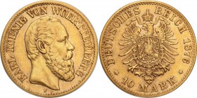 Germany
WORLD COINS

Germany, Wirtembergia. Karol. 10 Mark 1876 F, Stuttgart 

Przyzwoicie zachowane. Friedberg 3873; AKS 136; Jaeger 292

Deta...