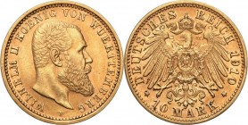 Germany
WORLD COINS

Germany, Wirttembergia. Wilhelm II (1891-1918). 10 Mark 1910 F, Stuttgart 

Pięknie zachowane. Friedberg 3877

Details: 3,...