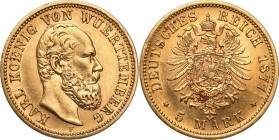 Germany
WORLD COINS

Germany, Wirtembergia. Karol I. 5 Mark 1877 F, Stuttgart - RARE 

 Bardzo ładnie zachowane.Rzadka pięciomarkówka.Jaeger 290...
