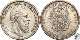 Germany
WORLD COINS

Germany, Wirtembergia. 5 Mark 1875 F, Stuttgart 

Resztki połysku, patyna. AKS 139; Jaeger 173

Details: 27,51 g Ag .900 ...