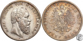 Germany
WORLD COINS

Germany, Wirtembergia. 5 Mark 1876 F, Stuttgart 

Resztki połysku, patyna. AKS 139;Jaeger 173

Details: 27,42 g Ag .900 
...