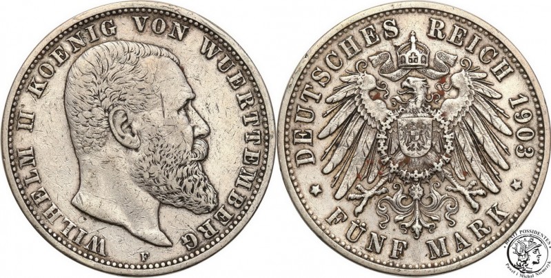 Germany
WORLD COINS

Germany, Wirtembergia. 5 Mark 1903 F, Stuttgart 

Resz...