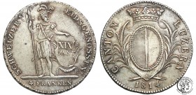 Switzerland
WORLD COINS

Schweiz, Luzeri. 4 franki 1814 

Bardzo ładny egzemplarz z równomierną patyną na całejpowierzchni.Rzadszamoneta.Davenpor...