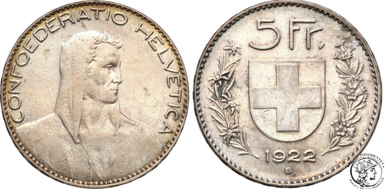 Switzerland
WORLD COINS

Schweiz. 5 francs 1922 B, Bern 

Połysk, drobne ry...