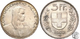 Switzerland
WORLD COINS

Schweiz. 5 francs 1922 B, Bern 

Połysk, drobne ryski w tle.Davenport 394

Details: 24,92 g Ag 
Condition: 3+/2- (VF+...