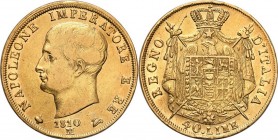 Italy
WORLD COINS

Italien. Napoleon I (1805-1814). 40 Lire 1810 M, Mediolan 

Sporo połysku w tle, lekkie przetarcie najwyższych elementówrelief...