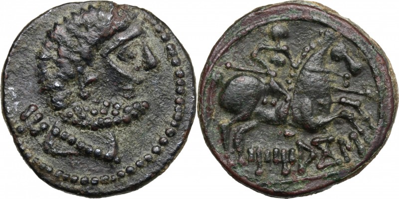 Hispania. Iberia, Titiakos. AE 23 mm. 50 BC. D/ Bare and bearded male head right...