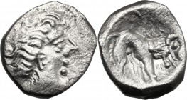 Celtic World. Southern Gaul, Insubres. AR Drachm, imitation of Massalia. Mid 2nd century BC. D/ Female head right. R/ Stylized lion right; pseudo lege...