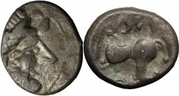 Celtic World. Celts in Eastern Europe. AR Tetradrachm, Kugelwange type, c. 3rd century BC. D/ Celticized laureate and bearded head of Zeus right. R/ S...