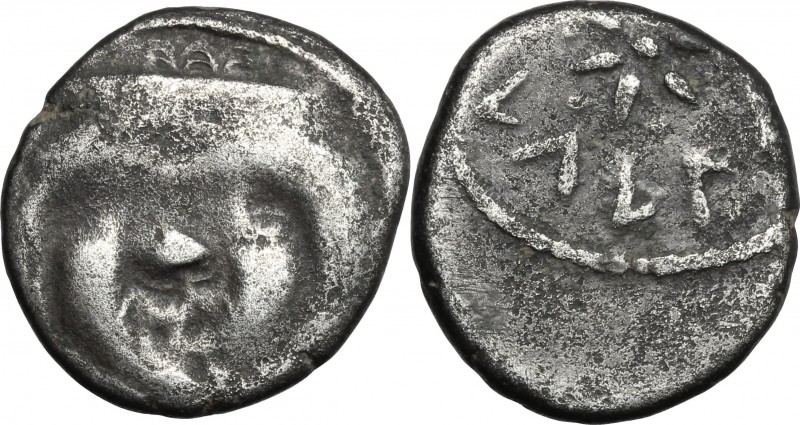 Greek Italy. Etruria, Populonia. AR 20-Asses, 3rd century BC. D/ Facing head of ...