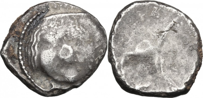 Greek Italy. Etruria, Populonia. AR 20 Asses, 3rd century BC. D/ Facing head of ...