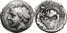 Greek Italy. Central and Southern Campania, Neapolis. AR Obol, c. 320-300 BC. D/ Laureate male head left, beardless. R/ [NE]ΟΠΟΛΙΤΩΝ. Herakles kneelin...