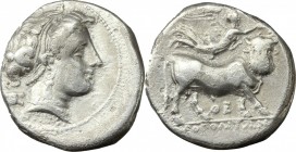 Greek Italy. Central and Southern Campania, Neapolis. AR Didrachm, c. 300-275 BC. D/ Diademed head of Nymph right; behind, astragalos; below, APTEMI. ...
