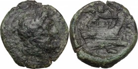Greek Italy. Southern Apulia, Barium. AE Sextans, c. 180-160 BC. D/ Laureate head of Zeus right; behind, two pellets. R/ BAPINΩN. Eros on prow right, ...