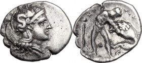 Greek Italy. Southern Apulia, Tarentum. AR Diobol, c. 380-325 BC. D/ Head of Athena right, wearing helmet decorated with hippocamp; letter below chin....