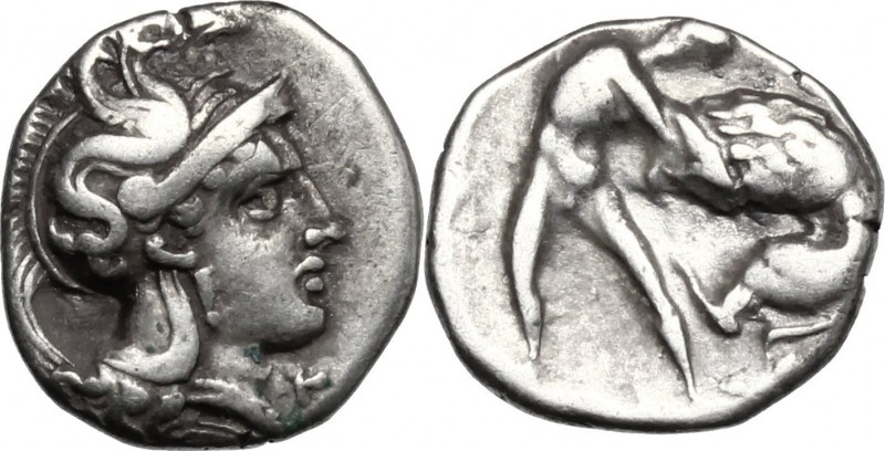 Greek Italy. Southern Apulia, Tarentum. AR Diobol, circa 380-325 BC. D/ Head of ...