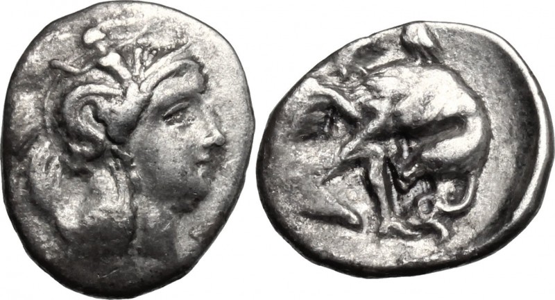 Greek Italy. Southern Apulia, Tarentum. AR Diobol, circa 325-280 BC. D/ Head of ...