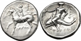 Greek Italy. Southern Apulia, Tarentum. AR Nomos, circa 280-272 BC. D/ Youth on horseback left, crowning horse; cornucopiae to right, I-AΠEAC below. R...