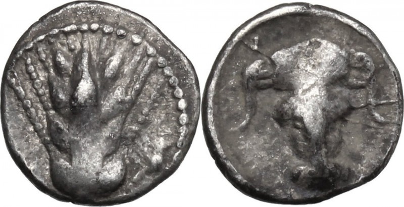 Greek Italy. Southern Lucania, Metapontum. AR Obol, c. 440-430 BC. D/ Ear of bar...
