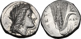 Greek Italy. Southern Lucania, Metapontum. AR Stater, circa 330-290 BC. D/ Head of Demeter right, wearing grain-ear wreath, triple-pendant earring, an...