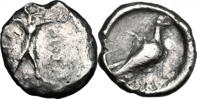 Greek Italy. Southern Lucania, Sybaris. AR Triobol, c. 453-448 BC. D/ Poseidon s...