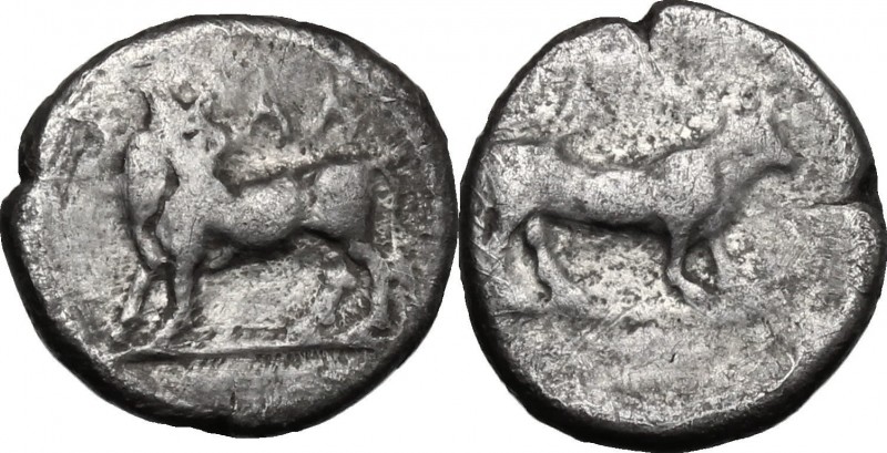 Greek Italy. Bruttium, Laus. AR Triobol, c. 480-460 BC. D/ Man-headed bull stand...