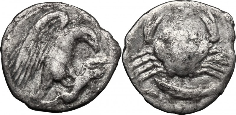 Sicily. Akragas. AR Hemidrachm, c. 420-406 BC. D/ Eagle standing right on, and t...